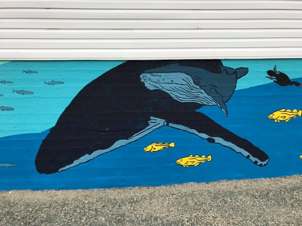 Ocean mural close up humpback whale and calf