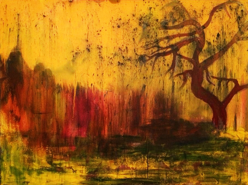 abstract yellow and gold willow tree painting