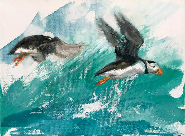 puffins flying painting