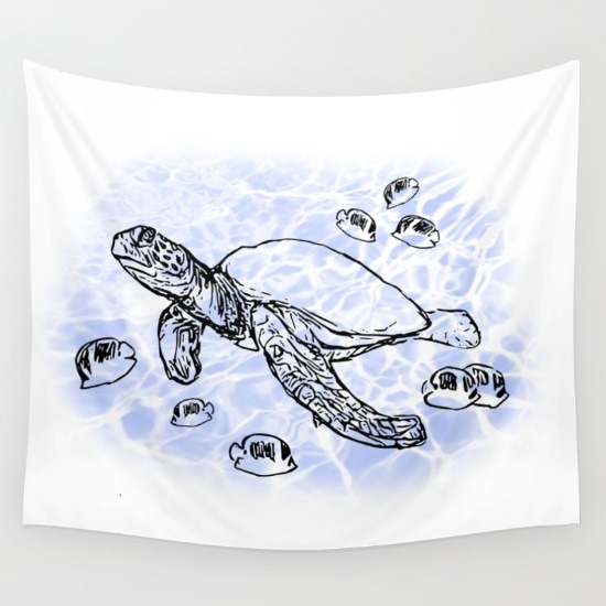 sea turtle with fish tapestry
